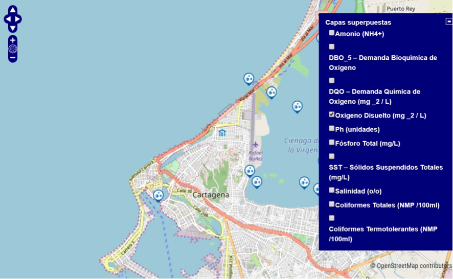 Screenshot of data selection of the water sampling in the Cienaga de la Virgen system using OpenStreetMap